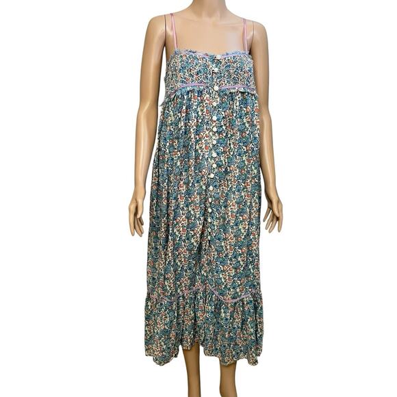 Free People Molly Jo Floral Midi Dress XS Boho Babydoll Flowy Cottagecore Cutout - Picture 1 of 12